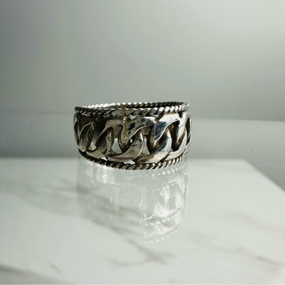 Vintage 925 Sterling Silver Wide Chain-Link Band Ring, Size 7.5